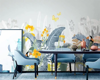 beibehang Потребителски скандинавските абстрактни цветя, ръчно изработени рисувани от папие-маше, птици, тропически растения на фона на тапети за стая