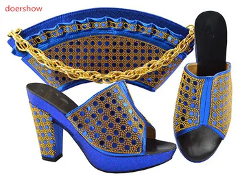 doershow Италиански обувки с подходящи торби Комплект обувки и чанти за партита в женския италиански комплект обувки и чанти със синьо PFG1-37
