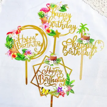 Акрилна Цветен Печат Лятна Торта за рождения Ден На Topper Кокосова Палма Фламинго Торта Топперы за Детски Рожден Ден Украса на Тортата Ins