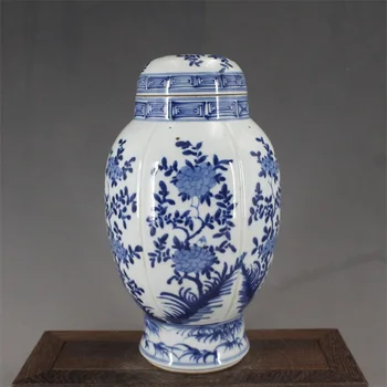 Античен порцеланов гърне QingDynasty, Синьо-бяло цвете банка, Ръчно рисувани, Колекция от бижута, Безплатна доставка