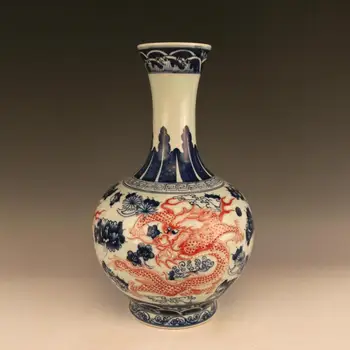 Антични порцеланова ваза QingDynasty, Сини и бели червена бутилка, боядисване, Декорация, Събиране и Украса, Безплатна доставка