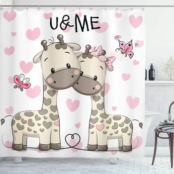 Бебе жираф в чистата любов с пеперуди и сърца, Лъкове, Художествена тъкан с принтом, Определени декор за баня