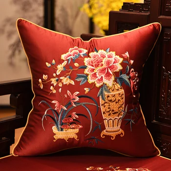 Ваза С Цветя, Бродирани Класически Китайски Калъфи За Възглавници Червени Жълти Скута Калъфки Цветни Калъфки За Декорация На Дома На Дивана