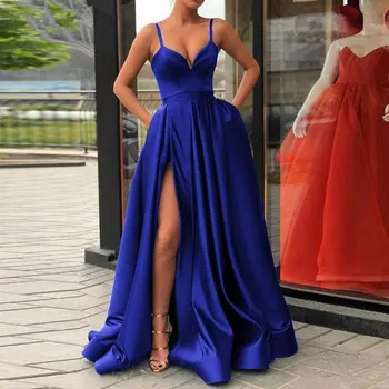 Вечерна рокля Трапецовидна форма Отстрани, С Високи сатенени бретельками Кралския син цвят на тънки бретелях, секси рокля Vestidos Fiesta Noche Abiye