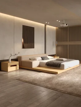 Високо качество на тъканта легло начало спалня Скандинавски дървена вятър статичен вятър татами дизайнерски японската двойно тъканно легло