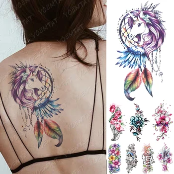 Водоустойчив Временна Татуировка Стикер Rainbow Unicorn Ловец На Сънища Флаш Татуировки Пеперуда Боди-Арт Ръка Фалшив Ръкав Татуировки Жените