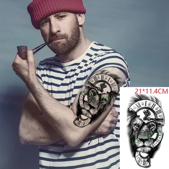 Водоустойчив Временни Татуировки Етикети Римски часовник лъв Фалшива Татуировка Флаш Татуировка Задната Ръка Крак Боди Арт, за Жени, Мъже