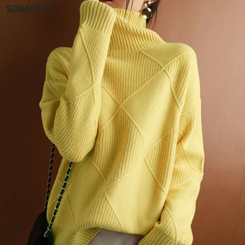 Вълнен пуловер, дамски пуловер с висока воротом, монофонични вязаный пуловер с висока воротом, 100% чиста вълна, без пуловер с голям размер, един женски