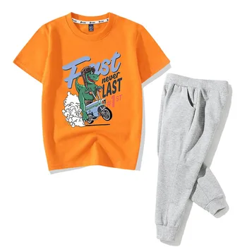 Външна търговия на детски дрехи мъжки и дамски детска персонални печат динозавър 26 нишки чесаный памук къс Риза + Панталон