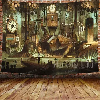 Гоблен Часа Машинно Оборудване Научна Фантастика Steampunk Стоманена Индустриален Град За Спални Хол Общежития