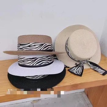 Годишна жена солнцезащитная шапка с плосък покрив, Плажна шапка за пътуване и почивка, защищающая от слънцето, Сламена шапка, Регулируем размер, Лесна Панама
