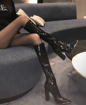 Горещ е брилянтен черен кожен квадратен чорап коляното ботуши жена сексуалната 7/9 см дебел ток, с цип отстрани, тънък дълъг рицар Ботас обувки