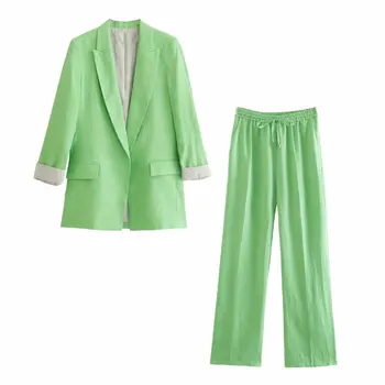 Дамски Модни дрехи, Двубортные зелени блейзери, Палта, Реколта на Горно облекло с дълги ръкави и Ежедневни панталони с висока талия, комплект от 2 теми