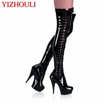 Дамски ботфорты над коляното, с банкетна подиум на висок ток 15 см., за нощен клуб/обувки за партита
