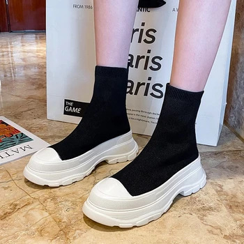 Дамски обувки; Новост 2022 г.; Обувки за почивка на дебела подметка; Модни еластични обувки; Дамски Спортни обувки; дамски обувки с кръгло бомбе в готически стил