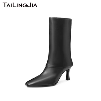 Дамски черни кожени обувки без шнур, зимни обувки до средата на прасците, дамски стилни кафяви вечерни обувки с квадратни пръсти, обувки от естествена кожа