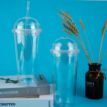 Двупластова прозрачна Чаша за вода на 20 Грама, Млечни Чаша С куполна капак, Двухстенная пластмасова Чаша за Напитки с Соломинкой