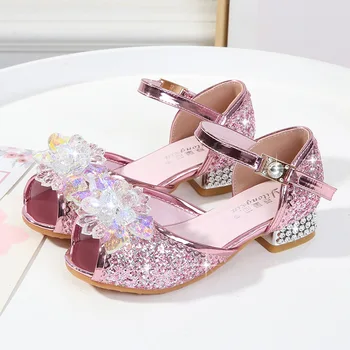 Детски Обувки Принцеси за Момичета; Сандали на Висок Ток с Блестящи кристали и Цветя; Детски Празник на Модела Обувки на висок ток от 5 до 14 години