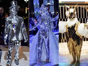 Добро качество блестящ сребърен огледален костюм на мъже, жени парти, музикален фестивал парад стъклена облекло представа мъжки костюм Сценичното шоу