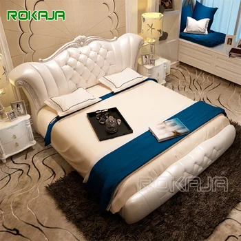 Европейският Модерен Кожен Комплект Легла Луксозна Сватбена Легло За Двойки Royal King Size Спални Слушалки Мебели
