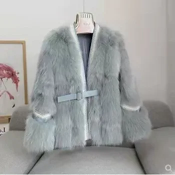 Есенно-зимни Нова Палто от Лисьего кожа с V-образно деколте дамски Модни Палто с колан и Нитове в корейски стил, Модерно меховое палто Haining