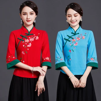 Етнически Стил Бродирана Риза Qipao Рокли Върховете На Традиционната Китайска Облекло За Жени, Модерен Гривна С Ръкав Hanfu Модерен