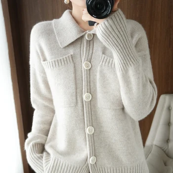 Жена вълнен жилетка, ежедневието на обикновен дебел пуловер, свободна от корейска версия, 100% вълна палто XL, дамски блуза с джоб, топла разпродажба