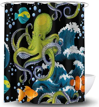 Забавен Октопод Вълна Пипала Голямо Спрей Морето Дивата Природа Чудовище Океана Бохо Карикатура Риба Декор На Банята