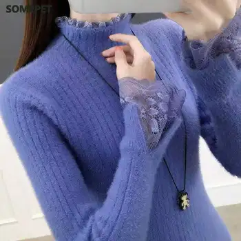 Зимни Дрехи Дамски Корейската Мода Тънък Пуловер Завързана Дизайн Поло Топло Основен Топ С Дълъг Ръкав Женски Пуловер Pull Femme