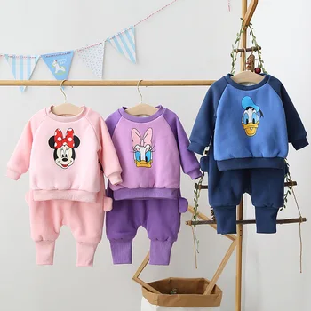 Зимни детски дрехи За малки Момичета и Момчета, в началото на с Изображение на Мики Маус и Доналд Дък + Панталони, комплект от 2 теми, детски плюшени и плътен Пуловер