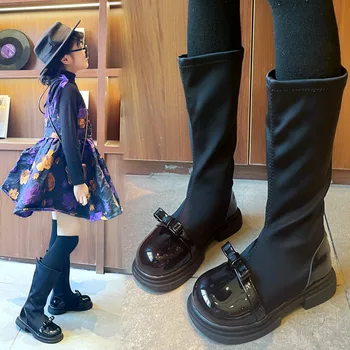 Зимни нови детски модни обувки, кадифени ботуши до коляното за момичета, корея, обувки принцеса Черен на цвят, размер 26-36