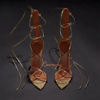 Златистите Сандали на Висок Ток с шнур и остри пръсти на висок ток, женски Пикантни летни луксозни обувки-гладиатори с Препратка джапанки на Щиколотке 2022 година, Римски Обувки-Гладиатори