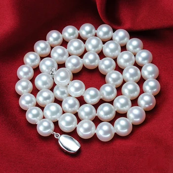 Изискани БИЖУТА естествен светъл 11-12 мм бял сладководни перли на огърлица от истински изпрати майка закопчалки 925