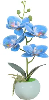 Изкуствена Орхидея Бонсай Phalaenopsis Композиции Цвете с Керамична Ваза за Декориране на Домашния Офис (Син)