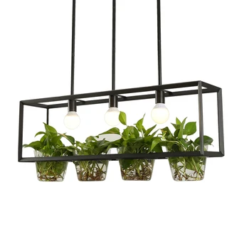 Индустриален стил с Черно Покритие от Ковано Желязо Окачен Лампа с Прозрачни Стъклени Гърнето за Хидропонно Растения E27 LED Light