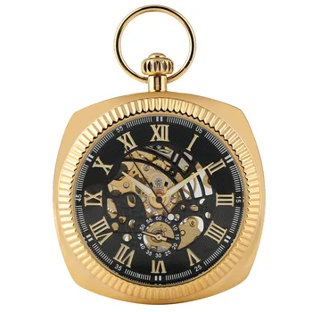 Квадратни Ретро Златни Механични Часовници Джоб С Ръка От Скелет Висящи Часовници Джобни Висящи Часовници Подаръци за Мъже