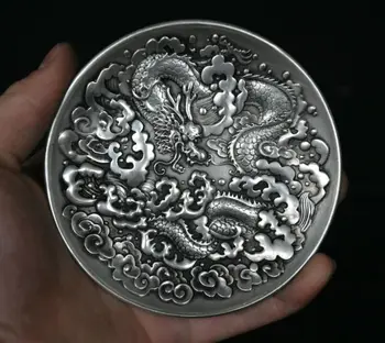 Китайската Династия Мяо Сребро Платина Дракон Loong Модел Чиния Ястие Плодов Тава