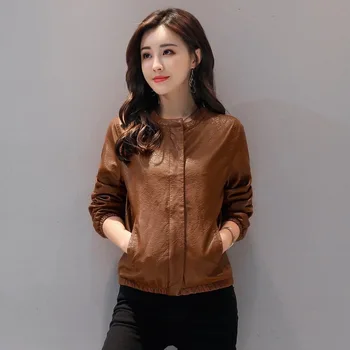 Кожена Дамска Къса яке Пролет и есен 2021, Нова Корейска версия на Свободна якета от Изкуствена кожа с кръгло деколте