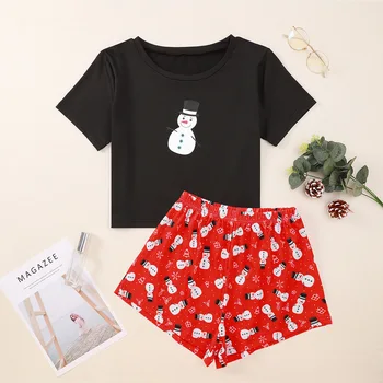 Коледен женски Комплект дрехи от 2 теми, Коледна тениска с принтом Снежен човек от картун + Шорти от еластична гумена лента за кръста, дамски комплекти, домашни дрехи