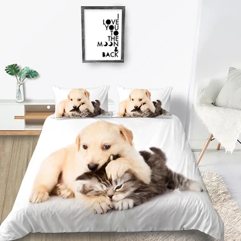 Комплект спално бельо King Size с Участието на Кучета и Котки, Реалистичен Сладък Чаршаф, Удобен Комплект спално бельо Queen Twin, Единична, Двойна, Уникален Дизайн