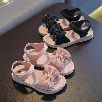 Корейски Сандали с Лък За Момичета, Летни Модни Детски Сандали на Принцеса За Момиченца, Мека Плажни Обувки с Дупки, Розова