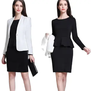 Корейски есента бизнес жена офис костюм, бяло сако и черна рокля с волани, костюми, секси рокля, работно рокля, пола от две части