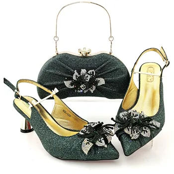 Красив комплект от обувки и чанти, африкански комплекти, италианска чанта за обувки цвят на авокадо, украсени с пайети, високо качество! ГИД1-16