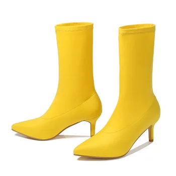 Красиви Модерни Дамски Ботильоны с пръсти; сезон Есен-зима; Еластични обувки на висок Ток-висок ток 6 см; дамски обувки с остър чучур Червен, черен цвят