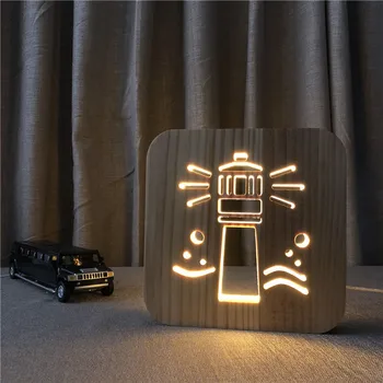 Креативен Дървена Фар Лампа нощна светлина USB LED настолна Лампа Настолна 3D Визуални Спалня Детски Подарък Дървена лека нощ