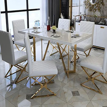 Лека луксозна комбинация на обедната маса и стол проста правоъгълна маса за преговори от неръждаема стомана в постмодерната хол