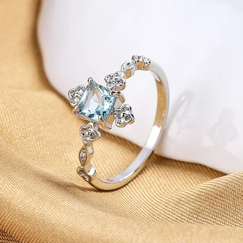 Леко квадратно пръстен с топаз, дамски европейската и американската мода, инкрустированное диаманти, синьо пръстен с цвете от цирконий, бижута