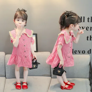 Летни Детски Рокли за момичета в корейски стил, Клетчатое рокля с яка кукла, Однобортное рокля за момичета, Сладка рокля на Принцеса, Дрехи за деца от 0 до 6 години