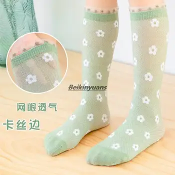 Летни нови чорапи за момичета с наклонена страна, памучни окото детски чорапи, пресни чорапи до хайвер с цветя модел за момичета, чорапогащи до коляното за деца, sokken