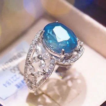 Луксозни Дамски Сребърен Цвят Crystal Blue Циркон Скъпоценен Камък Годеж Пръстен Годежен Пръстен Банкет Бижута самоличността на Подарък За Свети Валентин